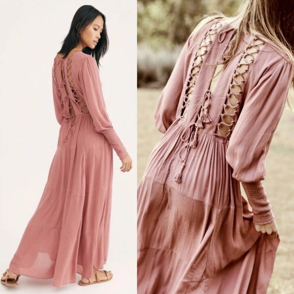 Free People Womens Maxi Dress XS Pink Cottagecore Romantic Prairie Victorian